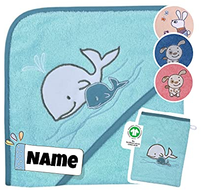 Baby Kapuzenhandtuch Set mit Waschlappen | 100% Bio Baumwolle | Baby Handtuch 80 x 80 cm Kapuzenbadetuch | personalisiert mit Name | Baby Badetuch Bestickt mit Namen | Baby (Walfamilie türkis)