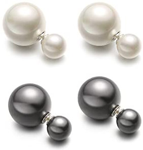 MichelleYoung Two Pairs of Double Sided White Pearl and Grey Pearl Sterling Silver Earrings Women Fashion Elegant Faux Pearl Double Front Back Ball Stud Earrings