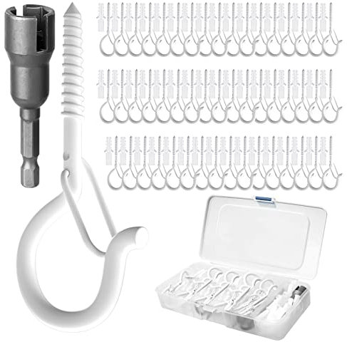GIPTIME 50 Set Q-Hanger Hooks for Outdoor String Lights, Ceiling Hook Screw Christmas Rope Light Clips, Fairy Lights Plants Wind Chimes Hanging Safety Buckle Design, Include Wing Nut Driver, White