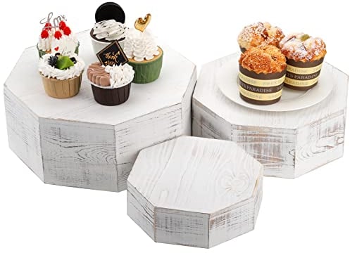 Hacaroa Set of 3 Wood Cupcake Stand Octangular Display Risers, Whitewashed Rustic Cake Dessert Stand, Stackable Figurine Showcase Box for Appetizers, Accessories, Merchandise, 3 Sizes