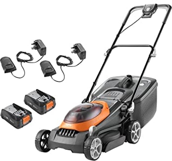 Flymo UltraStore 380R - Kit tosaerba senza fili da 36 V, 2 batterie da 18 V per tutte le batterie e caricabatterie inclusi, larghezza di taglio 38 cm, finitura a strisce, taglio ravvicinato, scatola