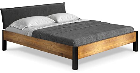 moebel-eins CURBY Bett Metallfuß, mit Polsterkopfteil, Material Massivholz, rustikale Altholzoptik, Fichte, 140 x 200 cm, Vintage, Stoff Anthrazit ohne Steppung