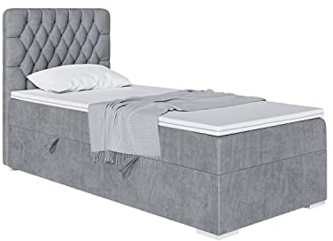 MEBLINI Boxspringbett mit Bettkasten - Gepolstert Einzelbett mit Matratze und Topper - Polsterbett mit Stauraum - Bett mit Kopfteil - Stauraumbett - Dalia - 90x200 Rechts - H3/Grau Samt