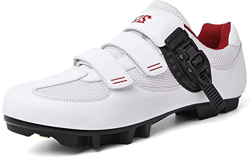 Prodkfe Moutntain Fahrradschuhe Herren Damen MTB Schuhe SPD Mountainbike Schuhe mit Schnalle C Weiß-Rot 43 EU