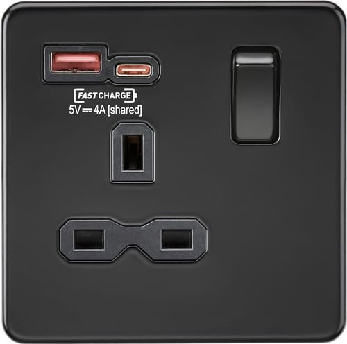 Enchufe conmutado de 13 A 1 G con USB dual [carga rápida] A+C - negro mate