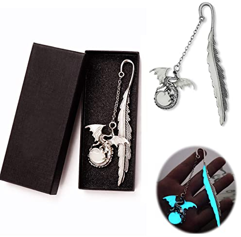 WOOXDYUK Vintage Feder Metall Lesezeichen, Retro, leuchtet im Einzigartiges Glow in The Dark Lesezeichen Geschenk für Männer Frauen Liebhaber(Antik Silber Drache)