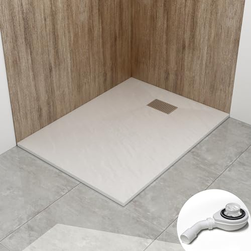 WITEN&NOCK Duschwanne 100x80 cm SMC Brausewanne Steinoptik Antirutsch Duschtasse Höhe 3,2 cm Niedrige Schwelle Extraflach Brausetasse mit Edelstahl-Abflussrinne und Ablaufgarnitur Ø 90 mm