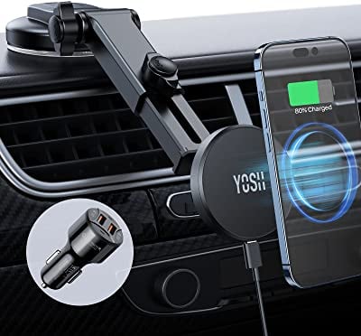 YOSH Mag-Safe Magnetisch Kabelloses Auto Ladegerät, Armaturenbrett Windschutzscheibe Autohalterung für iPhone 15/14/13/12 Serie & Mag-Safe Case mit 36W Auto Ladegerät