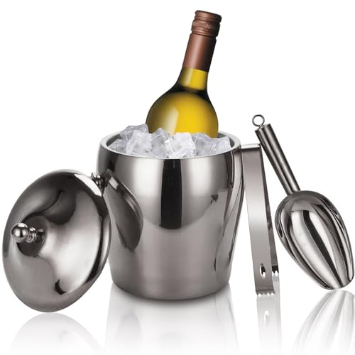 Eiskübel, Doppelwand isolierter Eiskübel mit Eiszange, Schaufel, Deckel, Edelstahl Eiskübel für Cocktailbar Partys Zuhause, Upgraded Eiskübel mit Deckel, Gefrieren für 6h, 2L