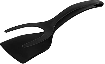 High Temperature Resistance Spatula Non Stick 2 in 1 Kitchen Tool for Frying Turning Cutting Eggs Pancakes Meat with Sloping Edges and Grip and Flip Tongs Scraper (Black)