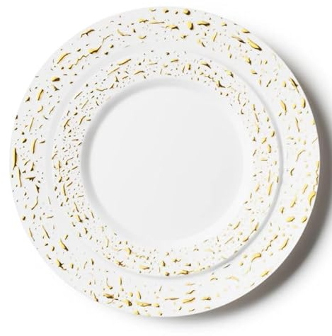 Decor Decorline - Ensemble Vaisselles d'assiettes Plastic Réutilisables de 32 pièces/Pour 16 Personnes - Collection Pebbled - Blanc/Doré - Assiettes Dîner & Entrée Dessert (16x26cm & 16x19cm)
