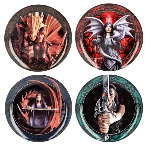 Figuren Shop GmbH Anne Stokes Lot de 4 assiettes – Dragons guerrières – Assiettes décoratives gothiques fantaisie vierges, FS24872