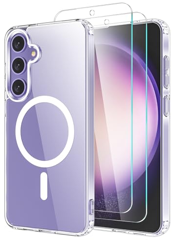 YIRSUR Magnetisch Hülle für Samsung Galaxy S24, Kompatibel mit Mag Safe mit 2 Stück Glasfolie, Anti Vergilbung Hart PC Handyhülle Schutzhülle Kratzfeste Transparent Rückseite für Galaxy S24