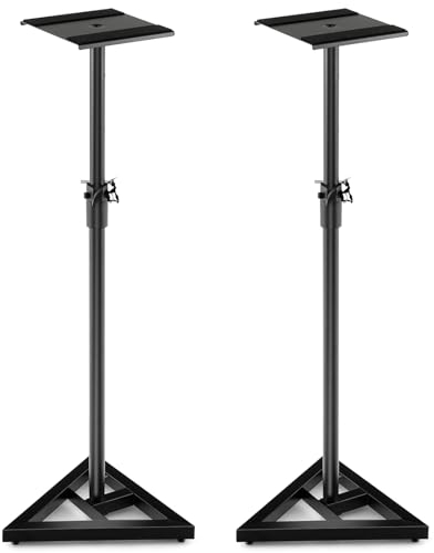 KOMFOTTEU Lot de 2 Supports d'Enceintes, réglables en Hauteur de 97 à 157 cm, Pieds d'Enceintes en Fer, Charge de 50KG par Unité, Construction à Trépied, Pieds réglables, Noir