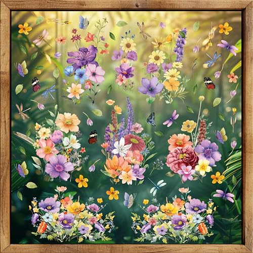 WALPLUS Colourful Flowers with Dragonflies and Butterflies Window Stickers, Removable Reusable Double-Sided Glass Clings for Home, Kids Room, Classroom and Seasonal Decor