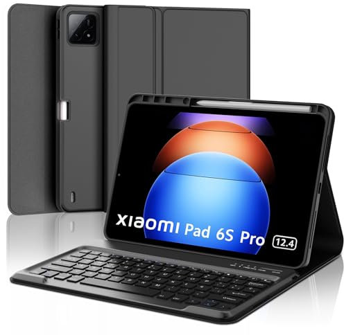 SENGBIRCH Funda con Teclado para Xiaomi Pad 6S Pro 12,4 2024 - Teclado Español Ñ Bluetooth Inalámbrico Extraíble para Tablet Xiaomi Pad 6S Pro 12,4 2024,Negro