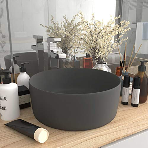 ShGaxin Lavandino di lusso rotondo in ceramica grigio scuro opaco 40x15 cm, Lavandino, Lavandino Bagno, Lavatoio Casa De Banho, Mobile Lavabo sopra piano 147016