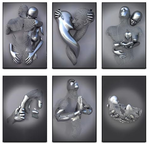 Lot de 6 tableaux d'art 3D à effet métal abstrait - Art mural moderne - Noir et gris - Décoration murale de chambre à coucher pour couples - Sans cadre - 20 x 30 cm