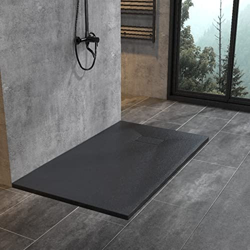 WITEN&NOCK SMC Duschwanne 120x80cm schwarz Brausewanne Duschtasse extra flache Steinoptik Antirutschfür Duschkabine Duschwand