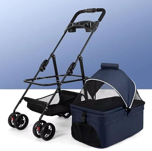Pet Stroller for Small Dogs, Foldable Design, Breathable Mesh Windows, Spacious Undercarriage, Grey or Blue (Blue)