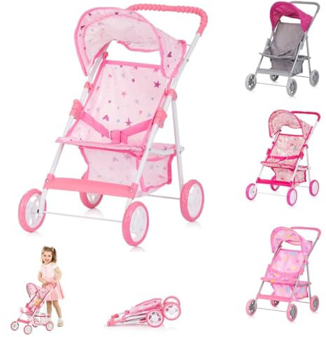 Chipolino Puppenwagen Alice Aufbewahrungskorb klappbar, Sonnendach verstellbar, Farbe:rosa Sterne