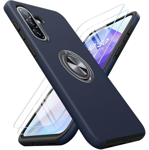 AOUIA für Samsung Galaxy A36 5G Hülle mit 2 Stück Panzerglas, 3-in-1 Set Schutzhülle, 360°Drehbarer Ring Kickstand, Anti-Fingerabdruck Militärstandard Stoßfest Handyhülle für Samsung A36, Dunkelblau