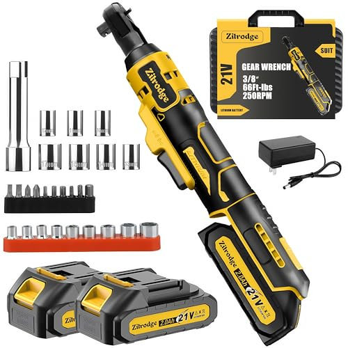 Zitrodge 3/8'' Cordless Ratchet Wrench, 60FT-LBS (80N.m) Electric Ratchet with 21V 2 X 2.0Ah Battery, 400 RPM Chargeable Power Ratchet Driver Set with 8 Sockets,1/4 Adaptor, 3 Extension Bar