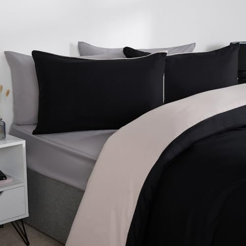 Brentfords Kingsize Duvet Cover Reversible, Luxury Bedding Sets King Size Microfibre King Duvet Quilt Covers Super Soft Hotel Quality Bedding with Pillowcases, Natural/Black