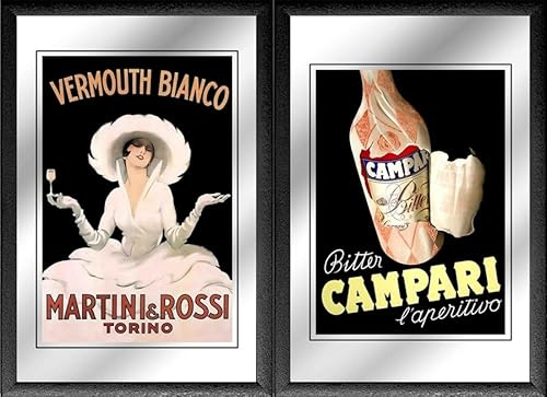 Set: 2 Spiegelbilder Martini & Rossi Vermouth Bianco/Campari Vintage Bar Deko 20x30 cm Wandbilder