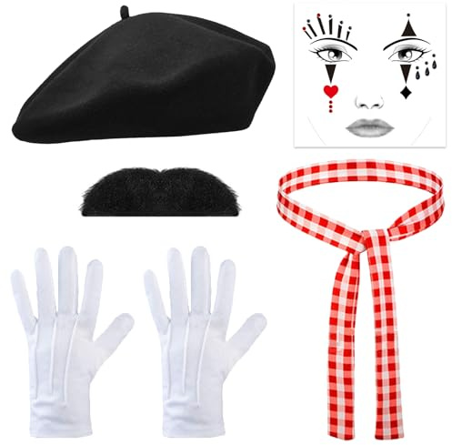 6 Pcs Pantomime KostüM Herren, Das KostüMset EnthäLt Eine Schwarze BaskenmüTze, Einen Roten Schal, WeißE Handschuhe, Gesichtstattoos Und Einen Schwarzen Schnurrbart, Themenfestival Dress Up Sets
