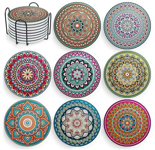 Dessous de Verre, sous Verre Absorbants en Liège et Céramique avec Support en Métal de 8 pcs pour Tasses, Bougies Cadeau de Pendaison de Crémaillère pour Anniversaire Cuisine Salon