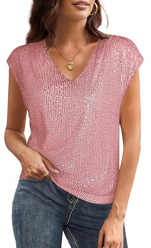 GRACE KARIN Women’s Sequin Top Winter Xmas Short Sleeve V-Neck Sequin Glitter Shirt Casual Classic Blouses for Women UK XL Size 18 Pink