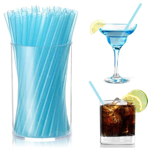 Short Straws for Cocktail 140x6mm Mini Cocktail Straws PP Glitter Drinking Straws Reusable Small Straws for Cocktails Party Decorations Blue Sparkle (50)