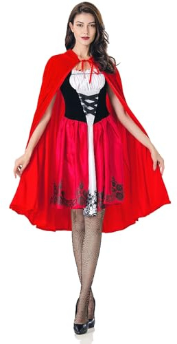 bechoanigel Rotkäppchen Kostüm Damen, Karneval Fasching Halloween Erwachsene Kostüm Rotkäppchen mit Rotem Umhang Cape und Schwarzen Strümpfen, Mädchen Märchen Cosplay (S)