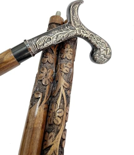 AZQAAN Brass Designer Head Handle Cane Walking Stick – 36 Solid Rosewood Carved Shaft, Antique Brass Handle, Stylish Gift for Men & Women with Rubber Tip