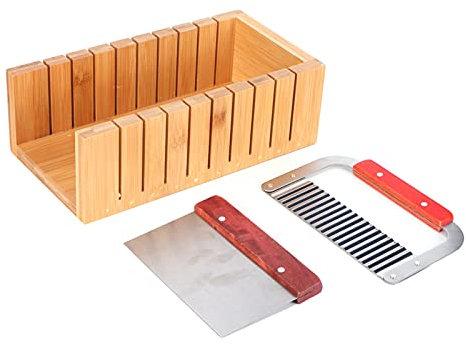 Soap Cutter Set Wooden Bread Cutter Mold with Straight Wavy Stainless Steel Knife for DIY Soap Bread Cutting Pine Wood 304 Stainless Steel 15x28cm
