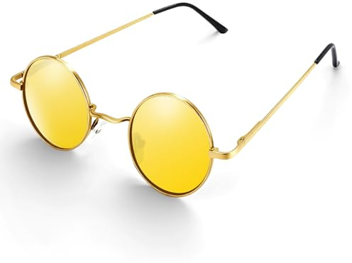 Morcheiong Gafas de sol polarizadas hippie, retro, redondas, para mujeres y hombres, gafas de sol circulares vintage UV400, Marco dorado con película amarilla, Small