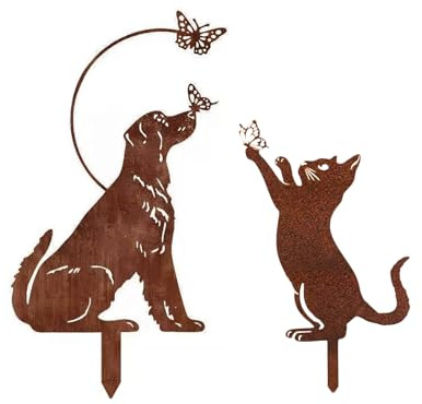 DZWAZD Gartenstecker Rost, 2er-Set Hunde Und Katzen Rostdeko Gartendeko Für Draußen & Herbst DEK, Vintage Metall Cortenstahl Deko Garten