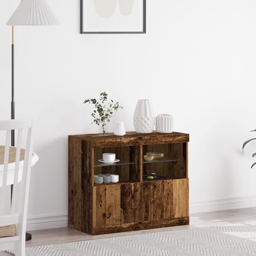 WRJENFSC Altholz Sideboard 81x37x67 cm mit LED Beleuchtung Massivholz Braun Rustikaler Buffetschrank Esszimmer Landhausstil for Living Room Küche und Flur
