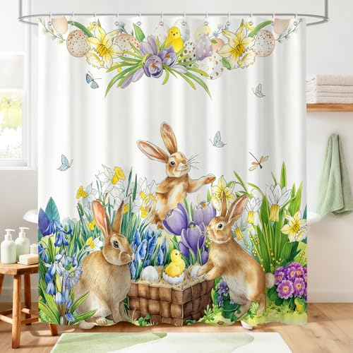 Hopomoon Duschvorhang Hase Ostern 180x180 cm, Wasserabweisend Anti-Schimmel Textil Duschvorhang mit 12 Ringen, Frühling Blumen Narzissen Motiv, Waschbar Polyester Badewannenvorhang für Badezimmer Deko