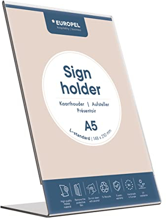 A5 Acryl Tischaufsteller - Schräg & Glasklar - L-Form DIN A5 Hochformat - Menükartenhalter und Schilderhalter - Werbeaufsteller - weitere Größen erhältlich, A5 Hoch