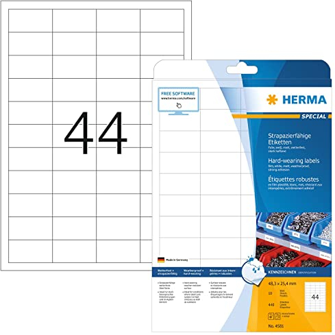 HERMA 4581 Wetterfeste Folienetiketten, 10 Blatt, 48,3 x 25,4 mm, 44 pro A4 Bogen, 440 Stück, selbstklebend, bedruckbar, matt, blanko Klebeetiketten Aufkleber aus Folie, weiß