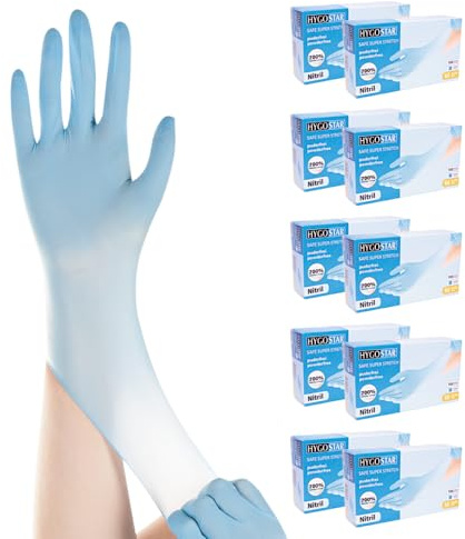 1000x Hygostar Einweghandschuhe Safe Super Stretch, Einmalhandschuhe Größe M, reißfeste Nitrilhandschuhe, puderfrei, latexfreie Gummihandschuhe, Handschuhe Einweg, Blau in XS, S, M, L, & XL
