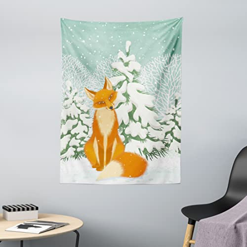 ABAKUHAUS Fuchs Wandteppich, Red Fox Winterwald Weihnachten aus Weiches Mikrofaser Stoff Waschbar ohne Verblassen Digitaldruck, 110 x 150 cm, Mandelgrün Orange