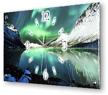 Kreative Feder Designer-Wanduhr Polarlicht Natur-Landschaft aus Stein Made in Germany leise ohne Ticken 50x25cm (Polarlicht, leises Funkuhrwerk)