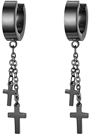 JewelryWe Kreuz Ohrringe Herren Damen: Edelstahl Creolen Huggie Hoop Ohr Manschette Ohrstecker Ohrhänger Ohr-Piercing mit doppelt Kreuz Kette Anhänger Hängende Ohrringe für Männer Frauen Schwarz