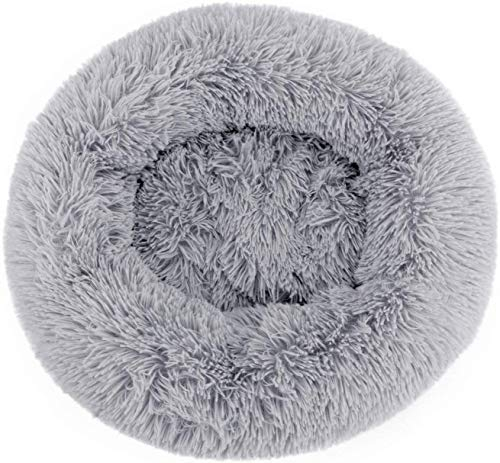 Queta Hundebett Flauschig Katzenbett mit Matte, Sofa Haustier Kissen Universal Hundekissen Hundekorb, Maschine waschbar, weiches Langer Plüsch Bett 50 cm Durchmesser, Matte 56 * 36 cm, Hellgrau