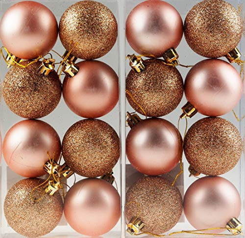 BWG Rose Gold Christmas Tree Baubles Decorations - Set of 16, 5cm Round Baubles - Modern Style - Plastic & Glass - Christmas Occasion