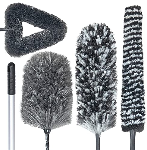 Rocktex Feather Duster Kit with 5.6ft Extension Pole, 4 Dusting Brush for Cleaning Home Wall Ceiling Fan Cobweb, Microfiber Static Washable Dusters, Black Dark Gray