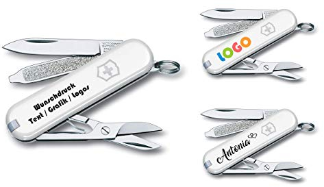 Victorinox Couteau de Poche Classique SD avec Demande Impression sur Coque I Cadeau pour Hommes Femmes I Cadeaux pour Anniversaire I Suisse Personnalisé 7 Fonctions 0.6223 - Blanc